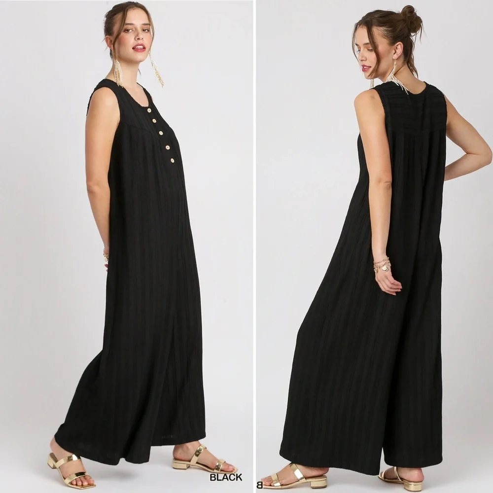 Umgee Black Sleeveless Wide-Leg Jumpsuit with Gold Buttons - Picture 1 of 12